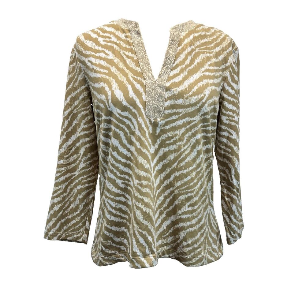 J. McLaughlin Womens Shirt M Catalina Cloth Tan White Zebra 3/4 Sleeve Top Tunic